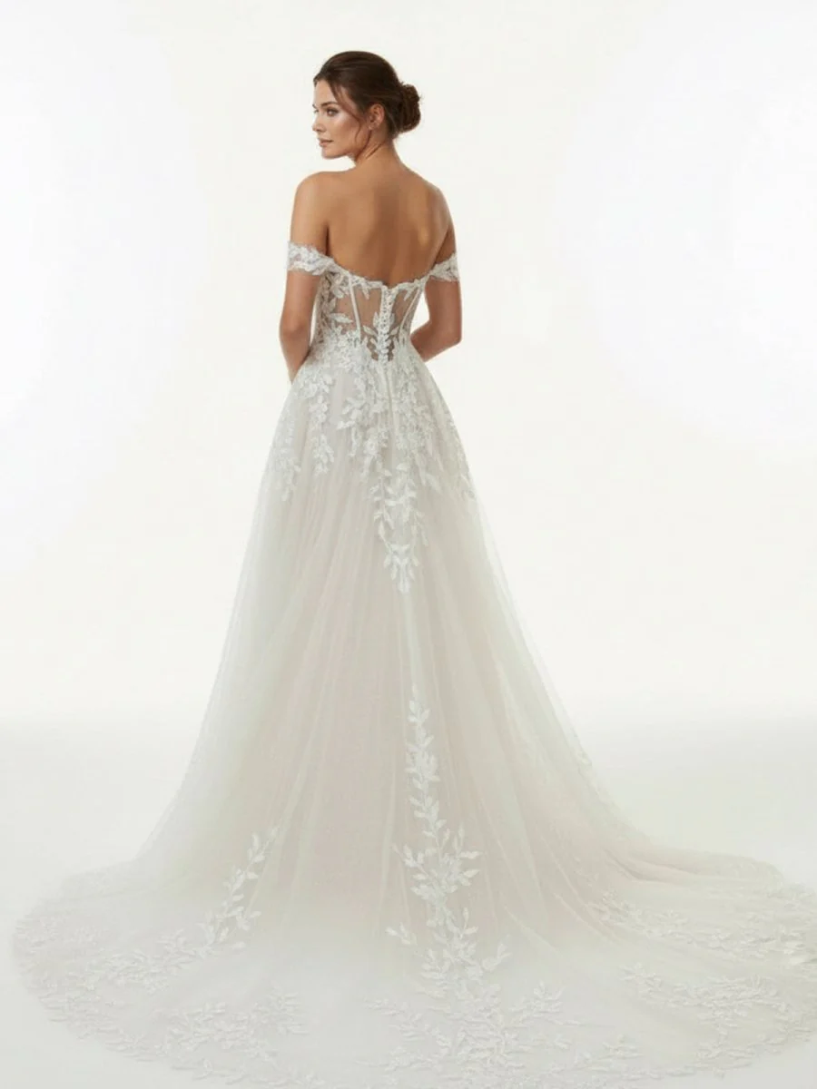 A-line Lace Beach Wedding Dress with Off Shoulder Tulle Appliques