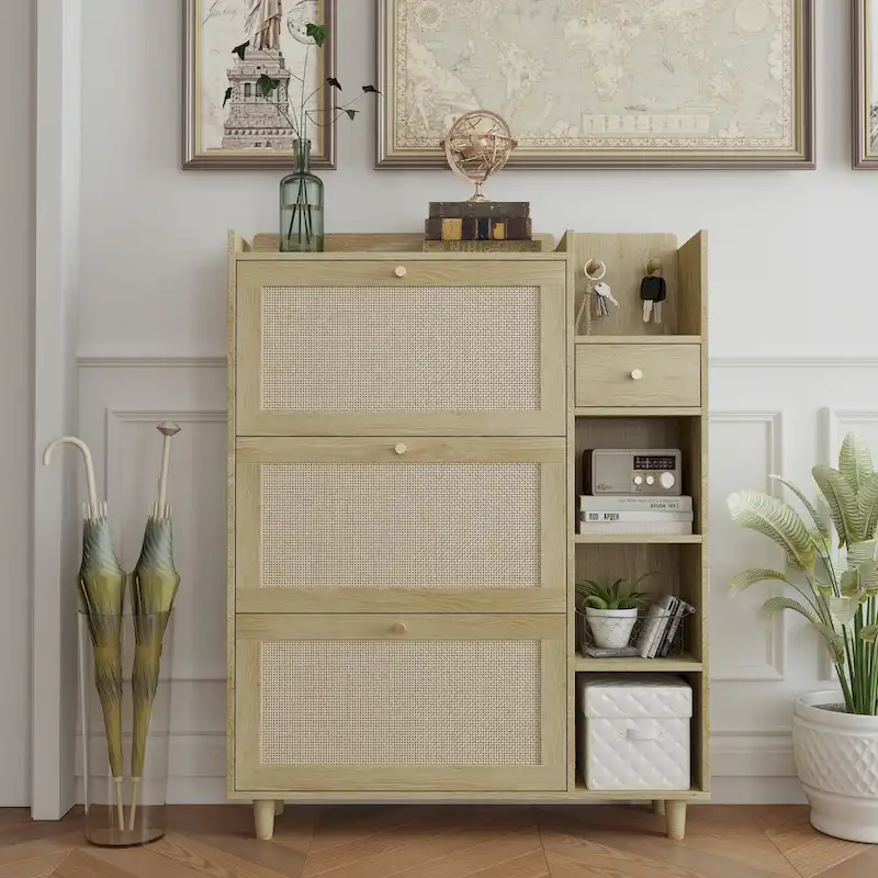 Bohemia Style Shoe Cabinet, Shoe Rack Cabinet with 3 Rattan Flip Drawers, 3 Square Shelves and 1 Storage Drawer