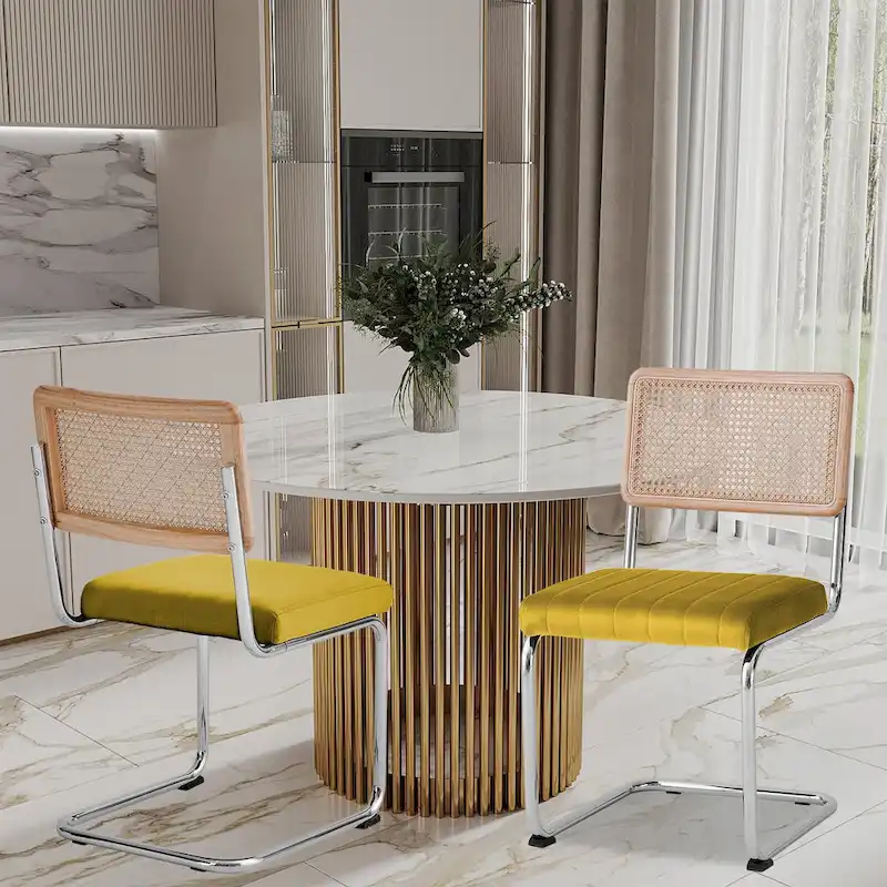 Velvet Upholstered Rattan Dining Chairs Set of 2/4