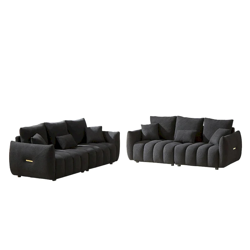 2-Pieces 6-Seat Teddy Fabric Sectional Sofa Set (3+3) with Wooden Frame & 6 Pillows
