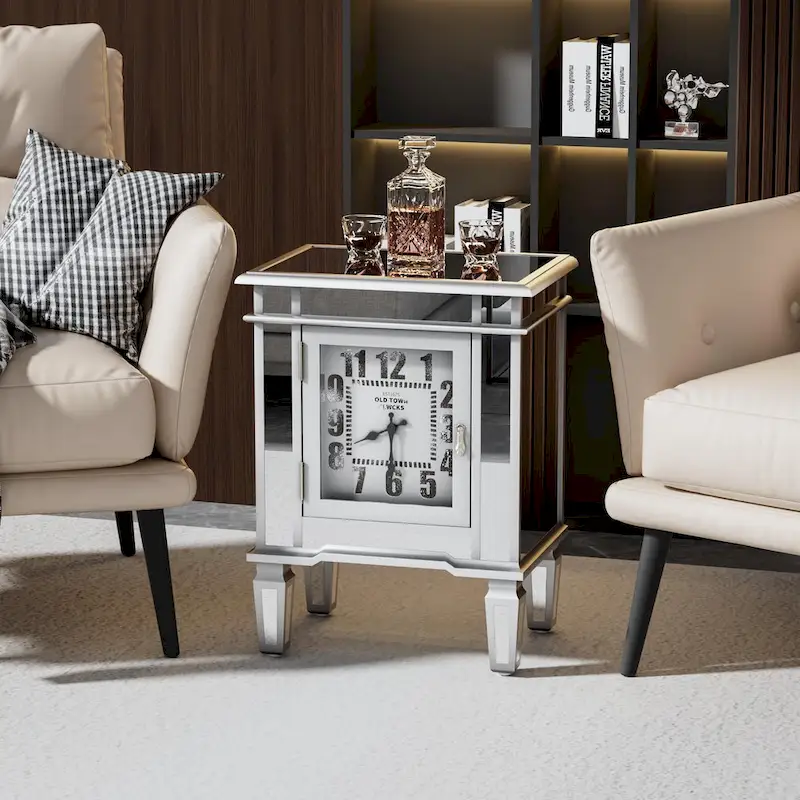 Mirrored Nightstand Clock End Table Silver Bedside Table Living Room - 19x13x25