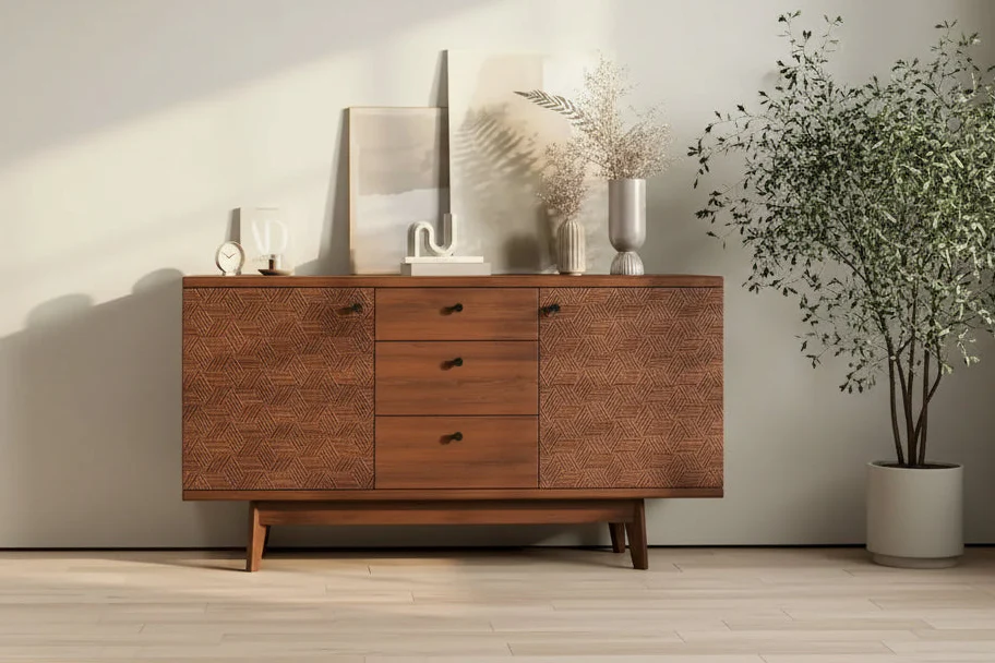 Scandi Sideboard Buffet TV Stand with Drawers and Wooden Legs for TVs up to 65
