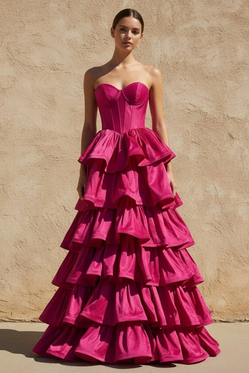 Sweetheart Fuchsia Ruffles A-line Prom Dresses