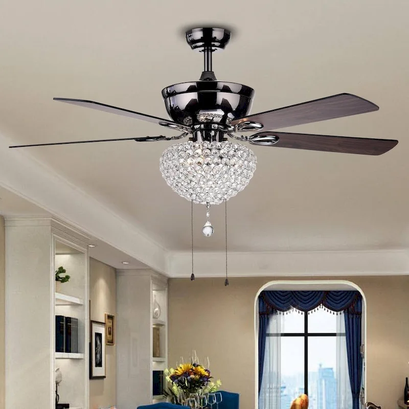 Black 52-inch 3-light Lighted Ceiling Fan w Crystal Basket Shade 5-blade 2 Color Pull Chain