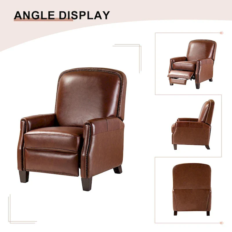 Modern Retro Genuine Leather Recliner with Nailhead Trim & Wooden Frame