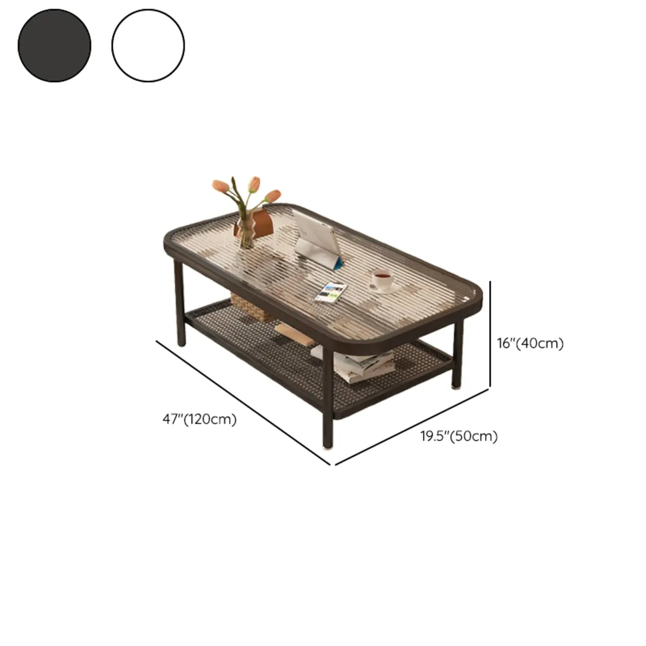 Modern White Rectangle Glass Coffee Table with Shelf