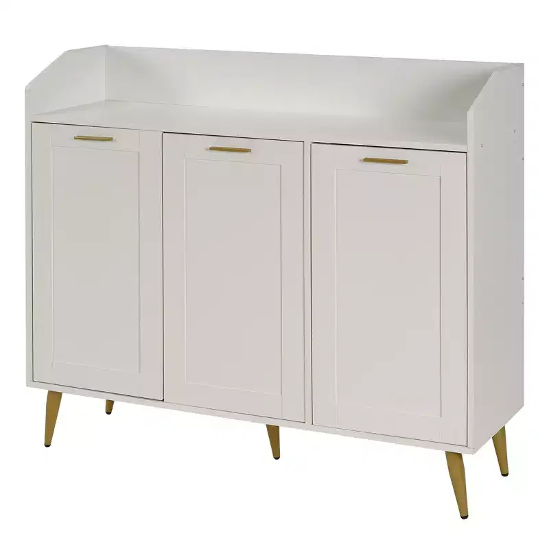 White & Gold 3-Door Shoe Storage Cabinet with Side Hooks, for 1–2 Person Household