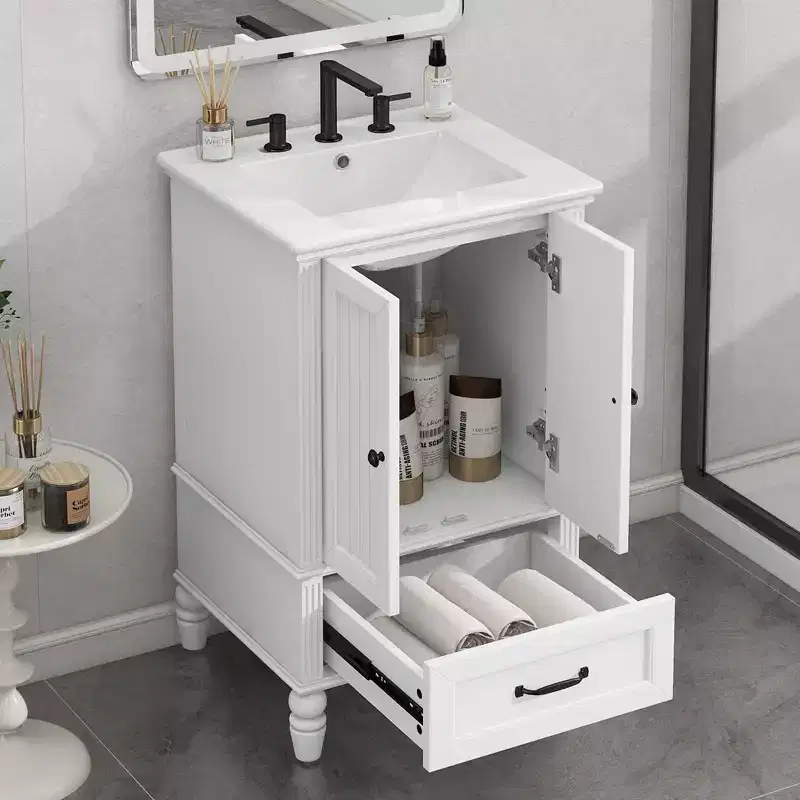20 Small Bathroom Vanity Sink Combo with Storage , Wood Bathroom Floor Cabinet with Drawers and Doors, White