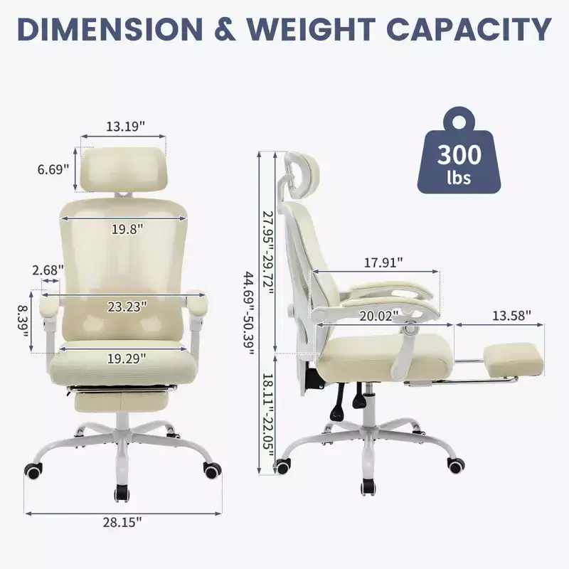High Back Ergonomic Office Chair with Mesh Back, Retractable Footrest, Adjustable Headrest & Lumbar Support, Wide Computer Chair with Wheels, Beige