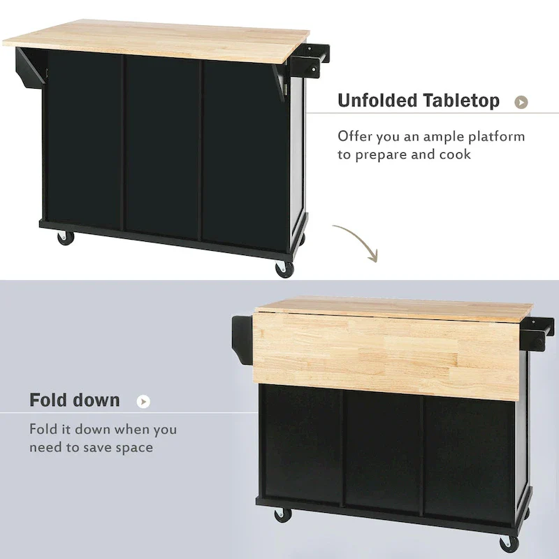 Kitchen Cart with Rubber wood Drop-Leaf Countertop