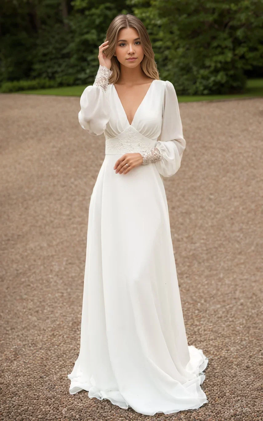 A-Line Floor Chiffon Long Sleeve Wedding Dress with Sequins and Train