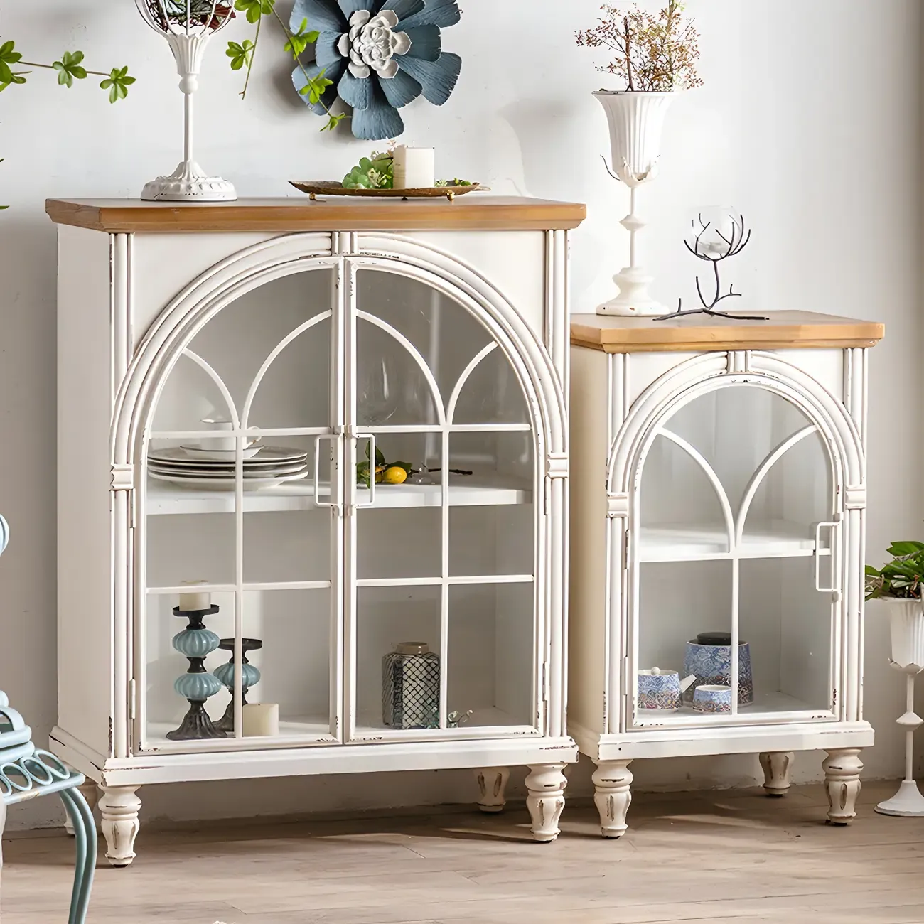 Classic Wooden Display Cabinet with White Curved Doors for Home