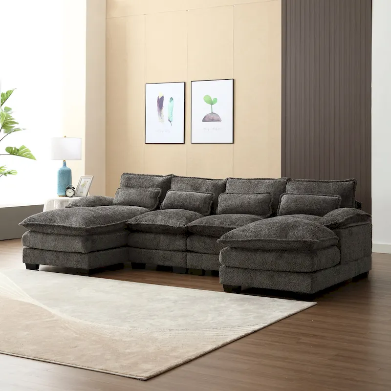 Gray Modern Large Modular U-Shape Sectional Sofa with Removable Cushions and Throw Pillows