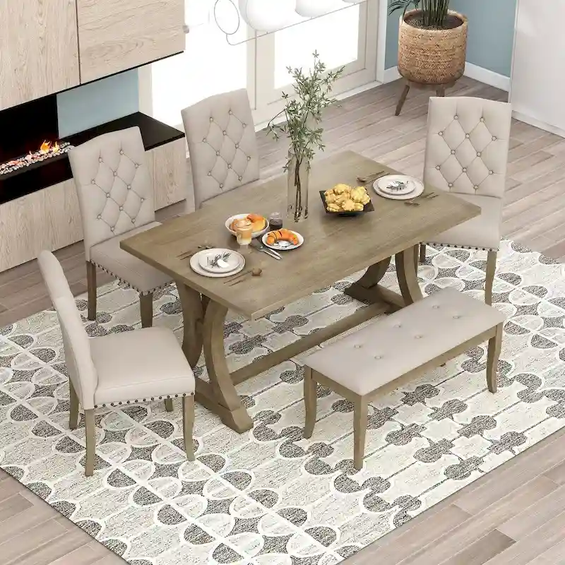6-Piece Farmhouse Dining Table, Rectangular Trestle Table and 4 Upholstered Chairs & Bench