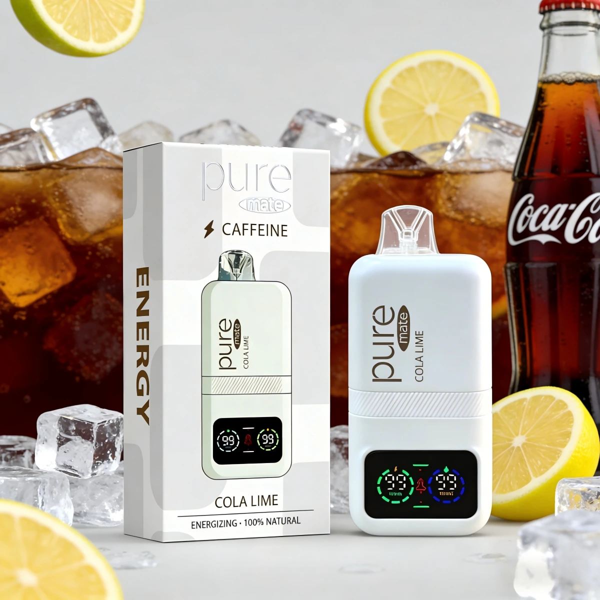 Puremate caffeine botanical inhaler in Cola Lime flavor, featuring a smart LCD screen and natural energy formula, styled with fresh lime and ice.