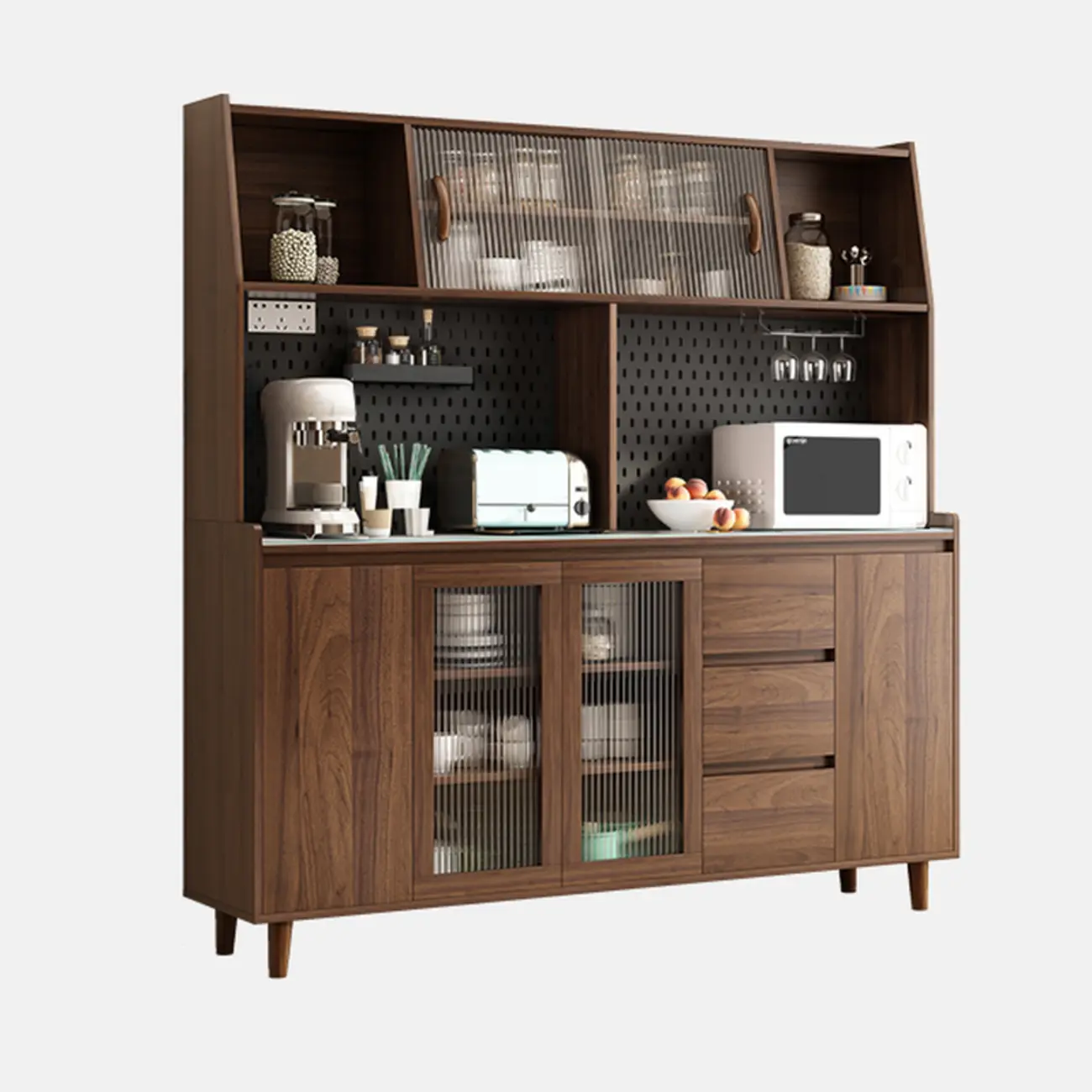 Wide Brown Wooden Pegboard Back Sideboard with Hutch