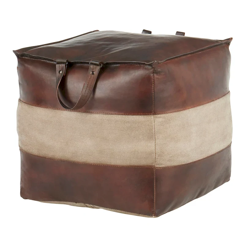 Industrial Pouf Ottoman in Leather and Canvas