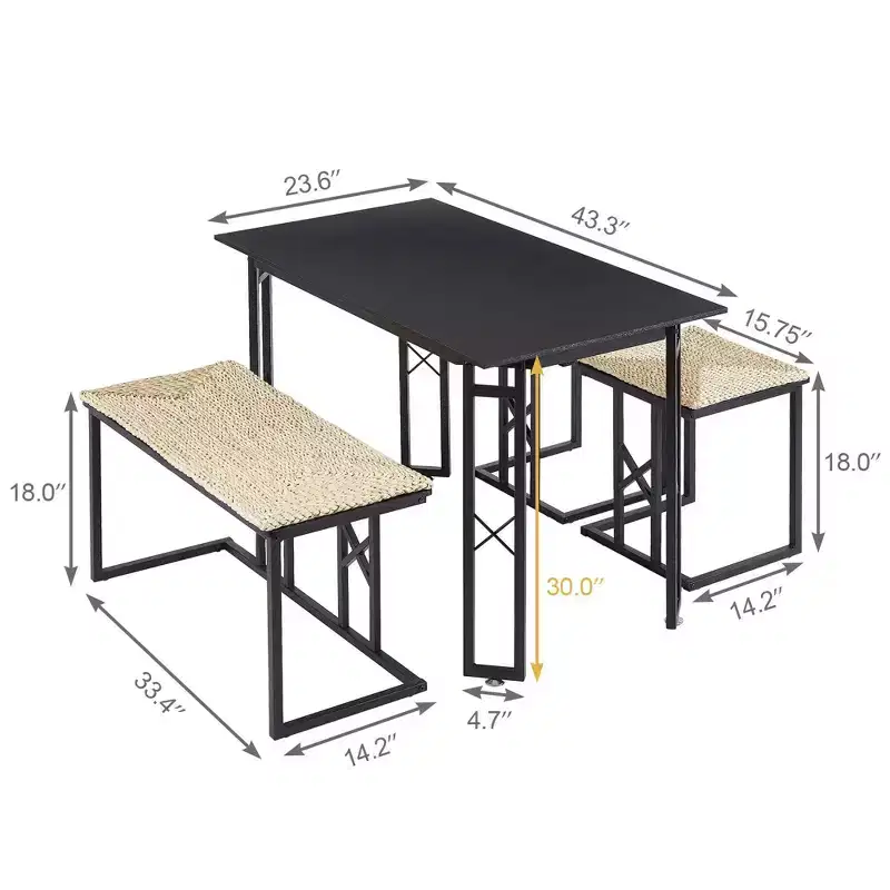 VECELO Farmhouse Room Sets for 4 with 3 Benches Wicker-Knot Cushions, Table for Home Kitchen Dining, 43.3 in