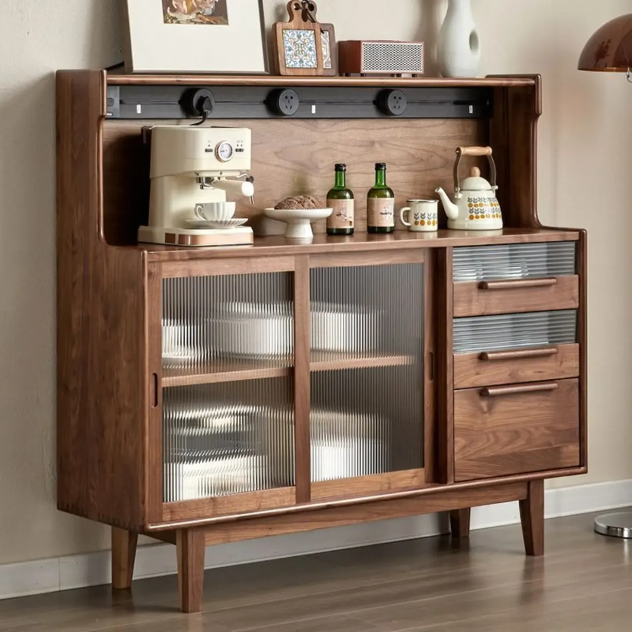 Nordic Walnut Wood Wide Buffet Tablet Sliding Glass Door