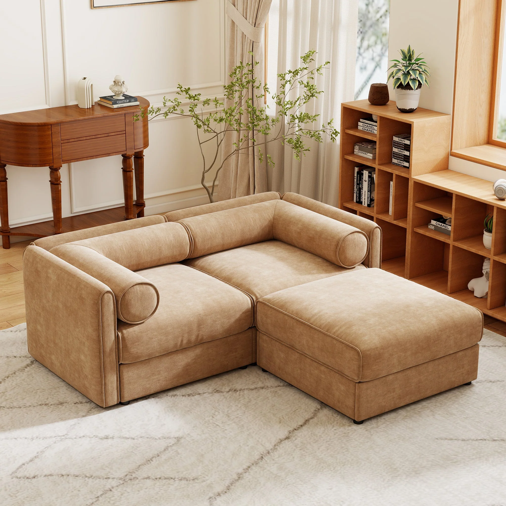 Walker Edison | Modern Stylish Camel Chenille Loveseat Sofa with Ottoman