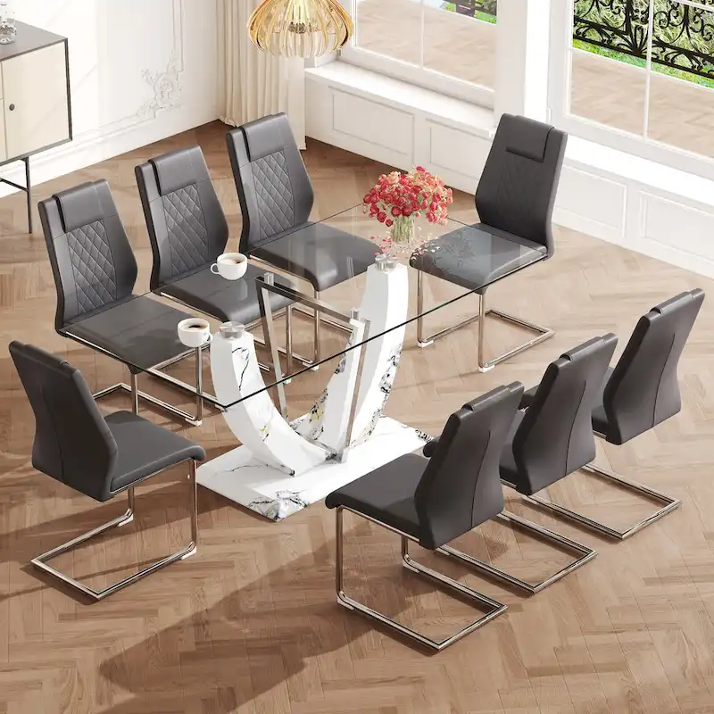 Modern Tempered Glass Dining Table Set with U-shaped Marble Pattern Base and PU Upholstered Chairs
