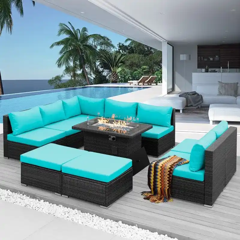 FINCATI 10-piece High Back Oversized Patio Furniture Conversation Set Outdoor Sectional Sofa with Fire Pit Table
