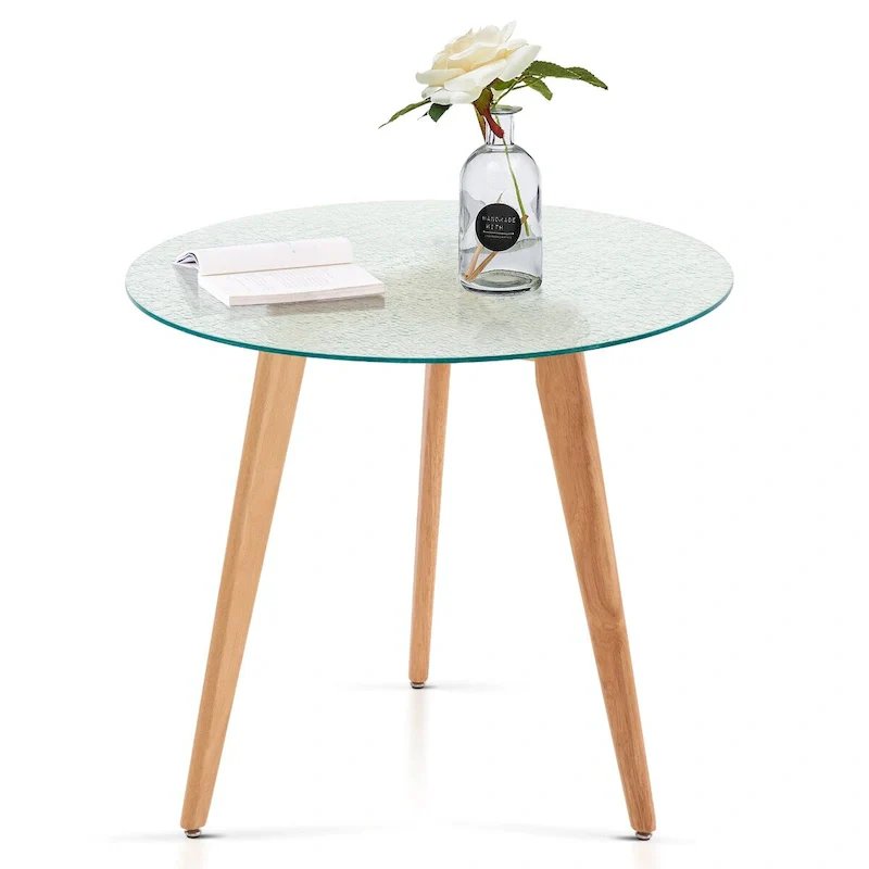 Ivinta Round Dining Table with Water Rippled Glass Tabletop, Wood Legs for Kitchen Dining Room Living Room
