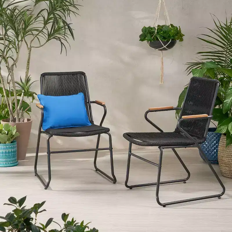 GDFStudio Miriam Outdoor Iron and Rope Weave Club Chairs (Set of 2), Black