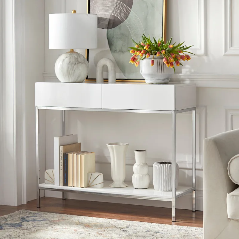 White & Chrome Console Table with 2 Drawers, 1-Person Assembly
