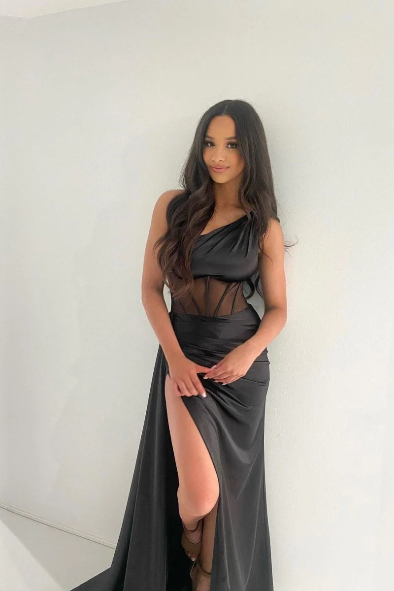 Sheath One Shoulder Pleated Satin Long Prom Dress