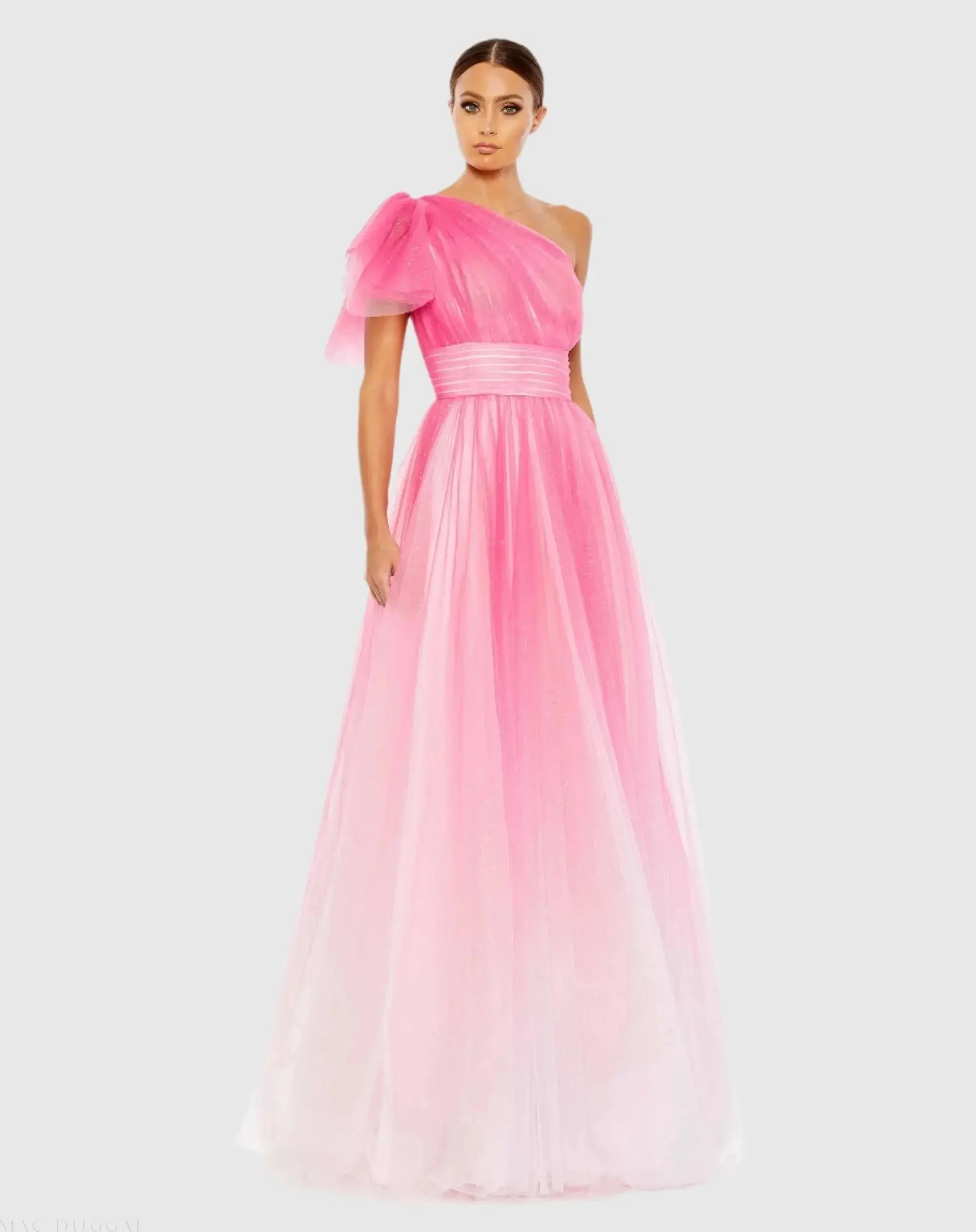 Pink Glitter Ombre Ruffled One Shoulder Ballgown - FINAL SALE