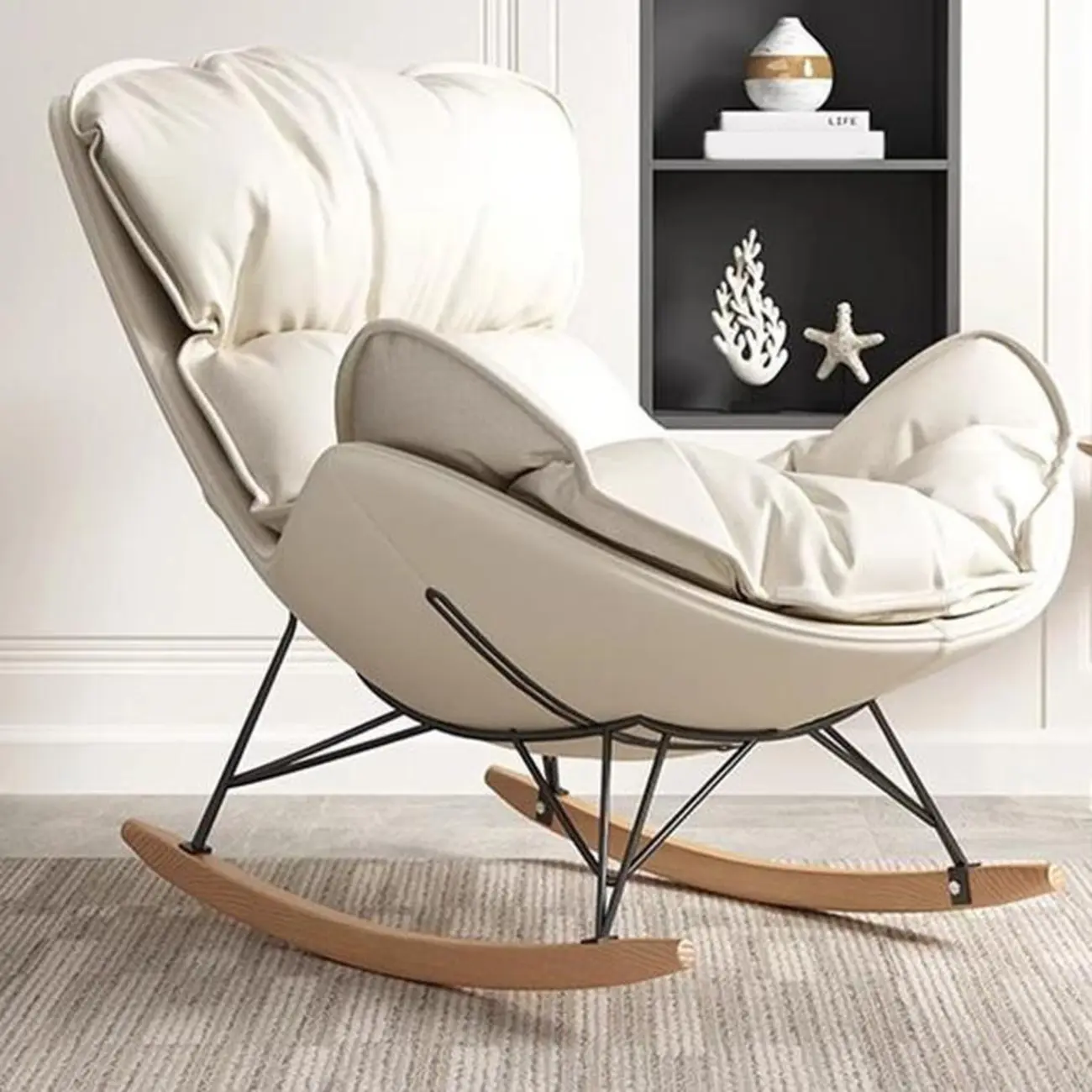 Faux Leather Wingback Rocking Chair with Removable Cushions