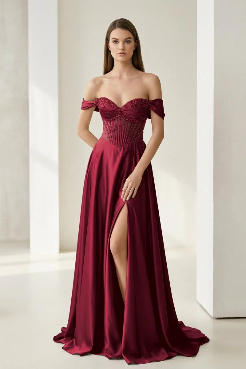 Sage Off The Shoulder A Line Satin Beaded Prom Dresses With Slit