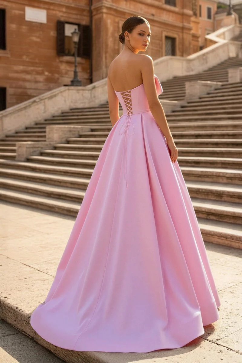 Pink A-Line Strapless Bow Satin Pleated Long Formal Prom Dress