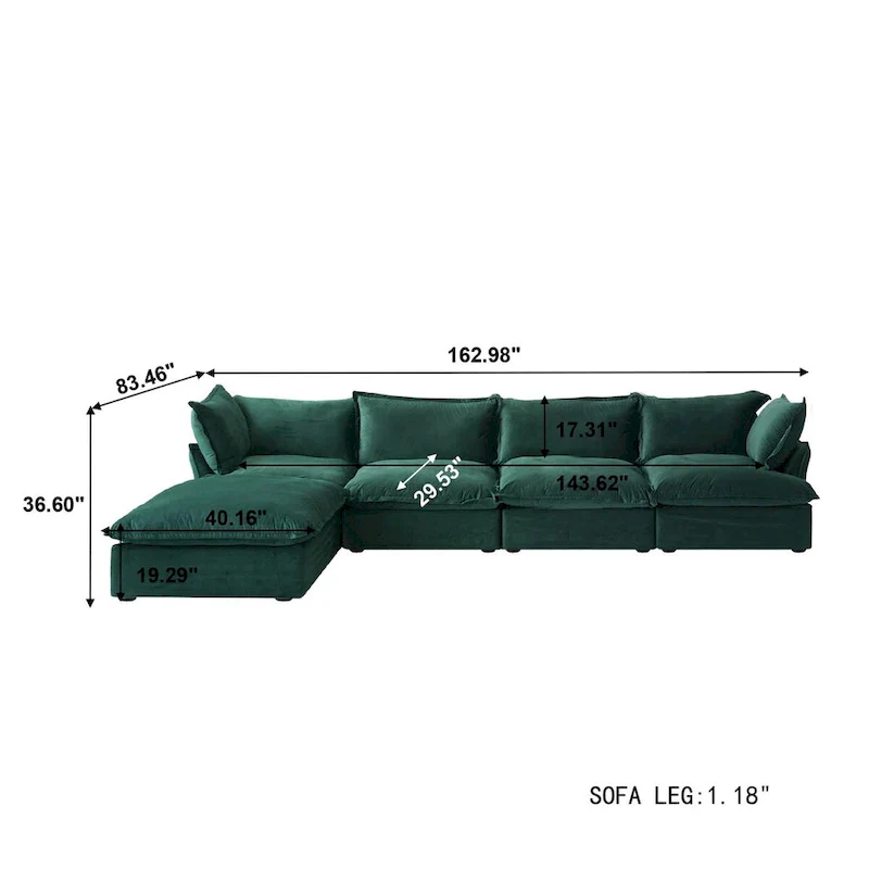 Modular Sectional Sofa Couch, 162.98 Velvet L-Shape Sofa with Ottoman
