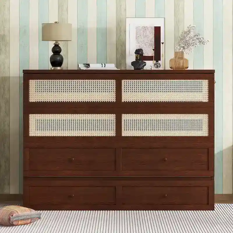 Queen Size Murphy Cabinet Bed, Rattan Decoration, Storage Drawer, Pine & MDF, Walnut, 2-Person Use