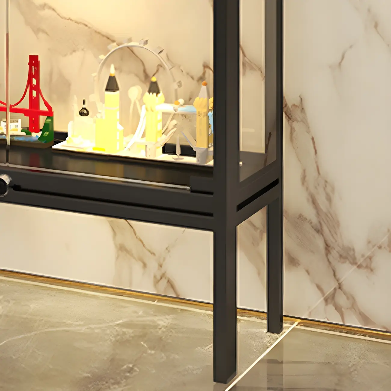 Glam Clear Glass Shelf Black Metal Frame Curio Cabinet