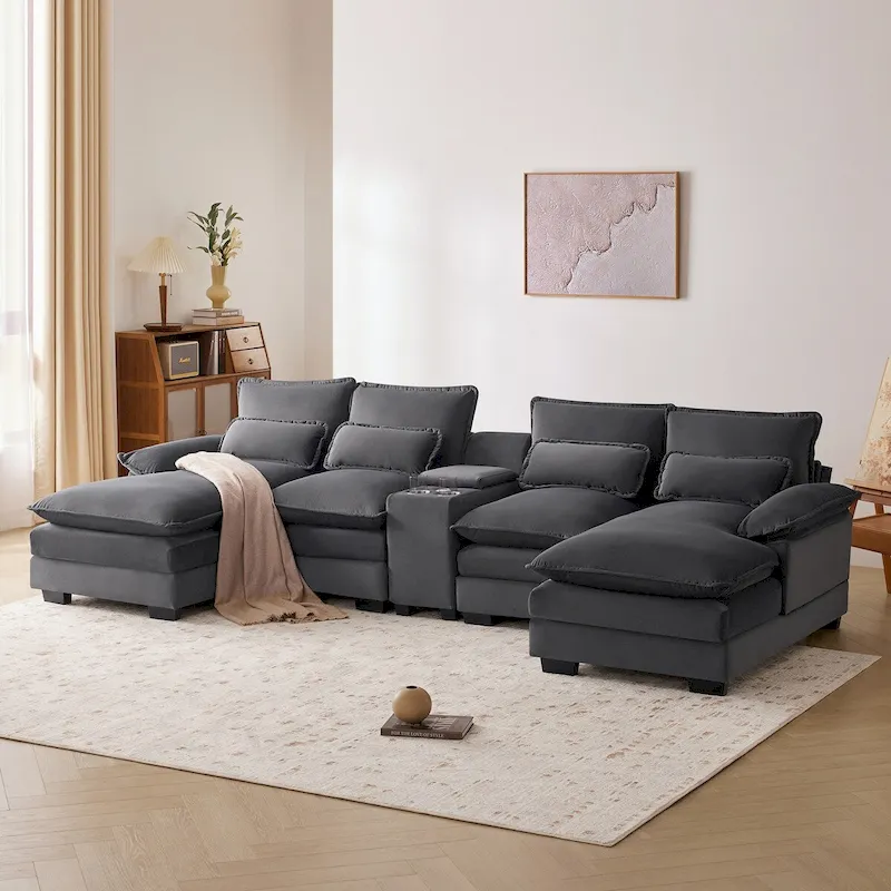 U-Shaped Sofa with Console, Cupholders and USB Ports, 6-Seat Upholstered Symmetrical Sleeper Couch with Chaise