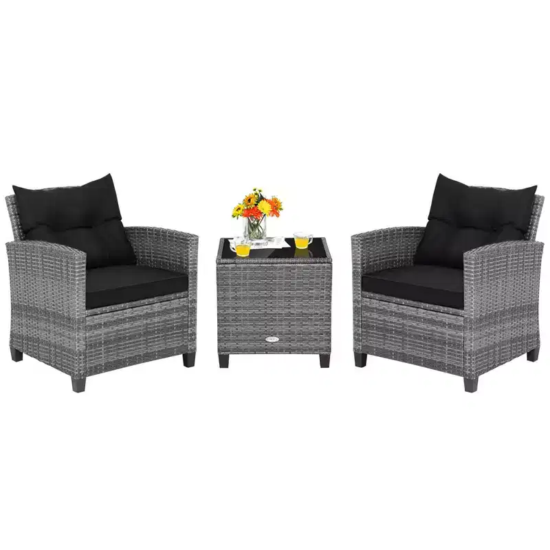 Costway 3PCS Patio Rattan Furniture Bistro Set Cushioned Sofas Side Table Armrest Red/Grey/Navy/Turquoise/Black