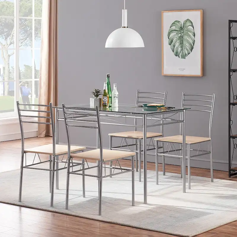 5-pieces Modern Dining Sets,Tempered Glass Table Top and 4 PU Chairs