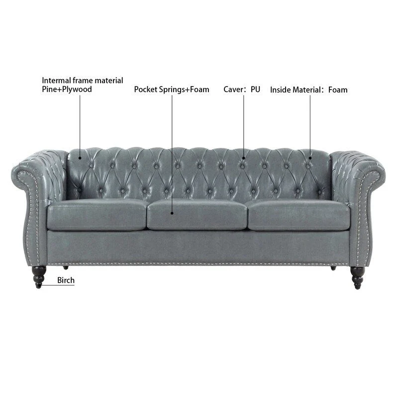 GEITIN 84.65 PU Rolled Arm Chesterfield 3 Seater Sofa