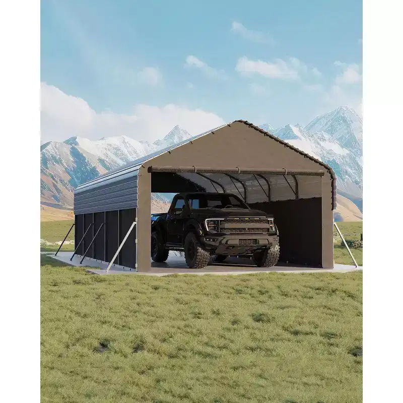 10x20 ft Enclosed Metal Car Port, All-Weather Use, Vertical Steel Roof, Man Door, for Full-Sized Pickup Trucks