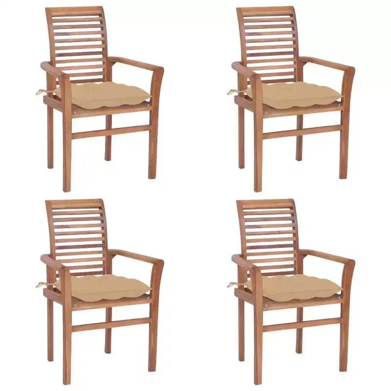vidaXL Dining Chairs 4 pcs Set, Stackable Patio Garden Chairs with Beige Cushions, Indoor and Outdoor Furniture, Teak, Fine Sanded Waterbase Finish