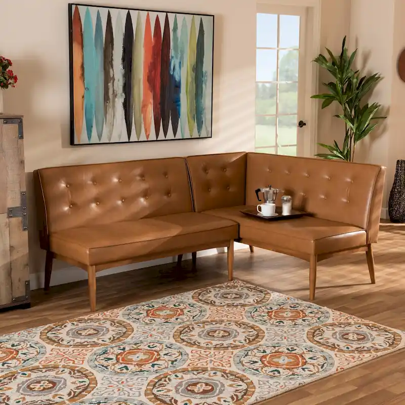 Arvid Tan Faux Leather and Walnut Wood 2-PC Dining Nook Banquette Set