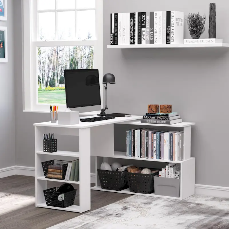 360 Rotating L-Shaped Corner Desk: White, with Storage Shelves