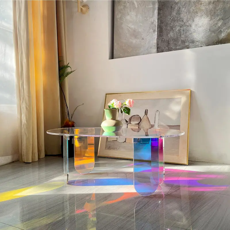 Iridescent Clear Acrylic Oval Side Table with 4 Geometric Legs – Modern