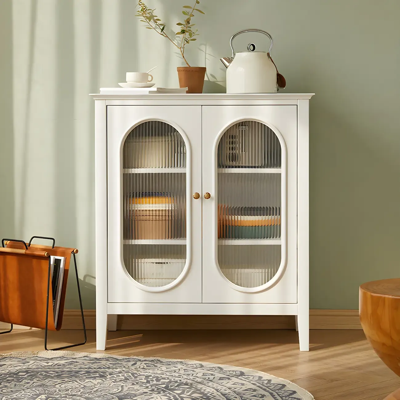 Glass Doors Modern White Oak Wood China Cabinet