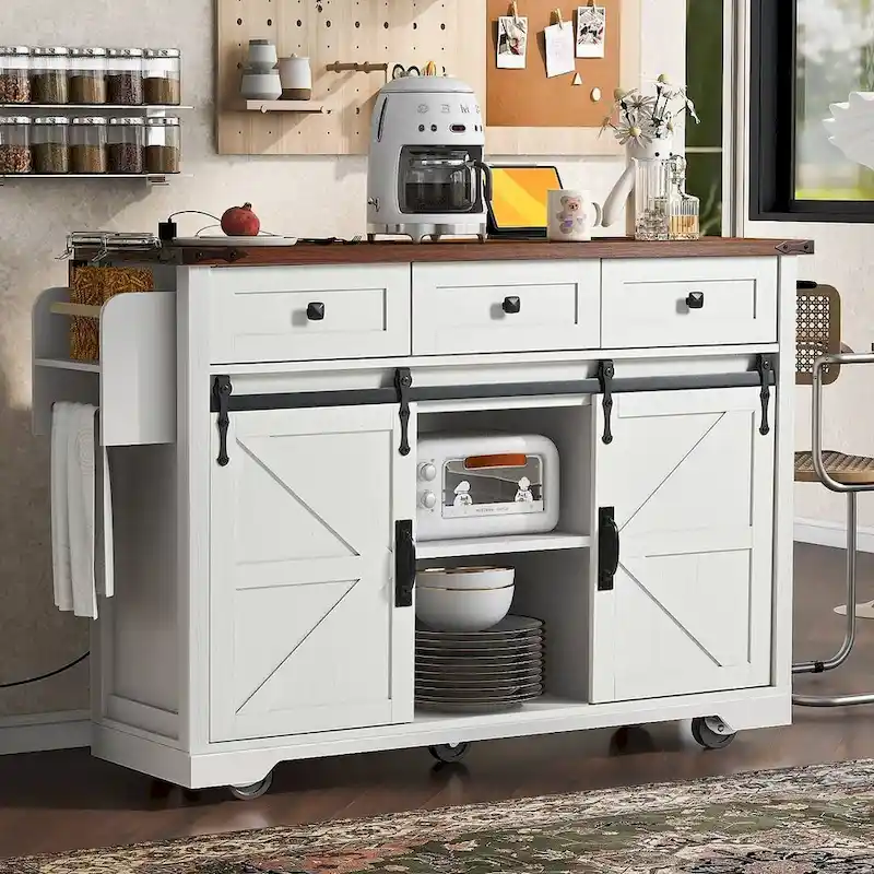 Farmhouse Kitchen Island Cart with Wheels, Power Outlet