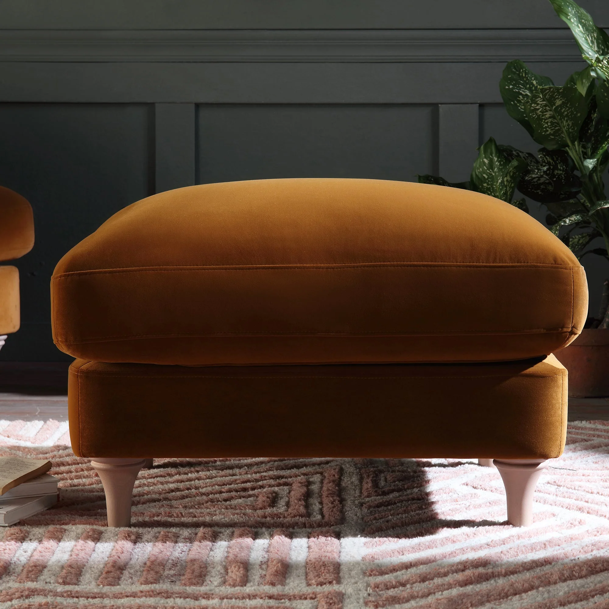 Traditional English Footstool - Cinnamon Velvet, Washed Wood Legs, Padded Seat, 31.5