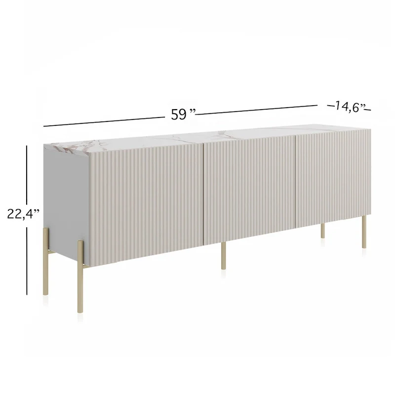 Beige TV Stand Console with Metal Legs – Art Deco Design, Fits TVs up to 65 in.